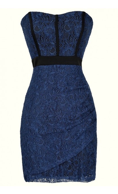 Strapless Lace Dress with Fabric Piping in Blue/Black